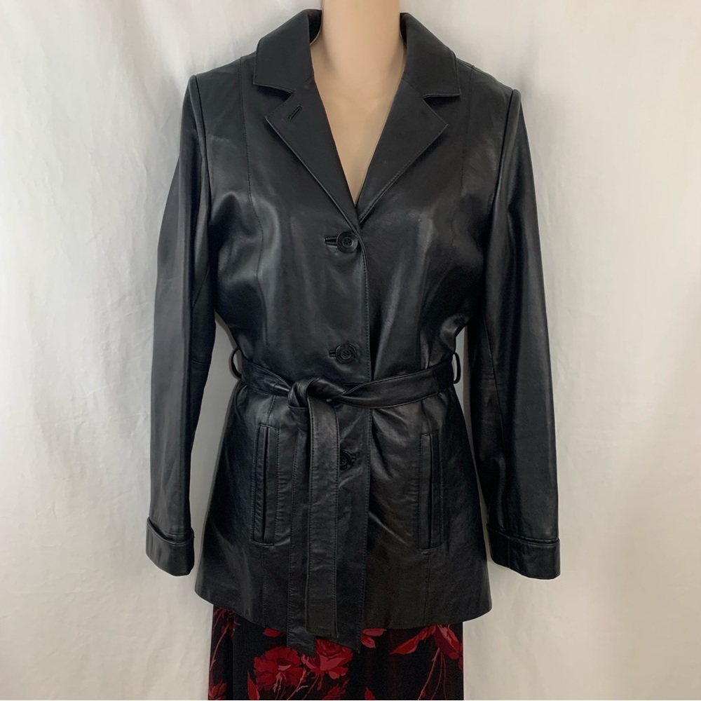WILSONS LEATHER Vintage Black Trench Style Leather Jacket Zip Out Liner Small